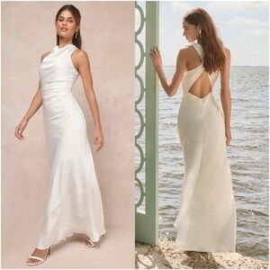 LULU’S Effortlessly Sensational White Satin Backless Maxi Dress